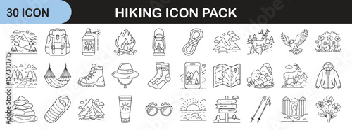Minimal Line Icons for Hiking Essentials - Set of 30 clean, minimal hiking and camping icons including gear, maps, boots, and outdoor essentials in line style.
