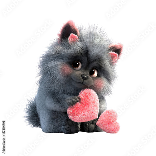 Adorable Fluffy Pomeranian Puppy Holding Pink Hearts, Valentine's Day, Love, Affection