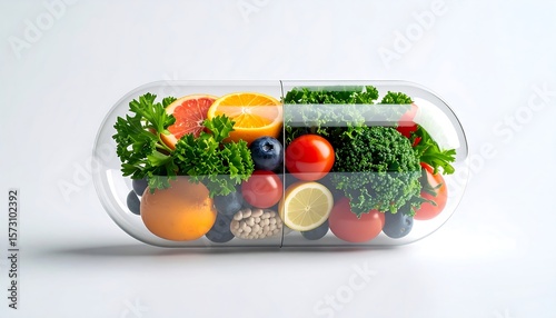 Transparent Capsule Filled with Fruits and Greens