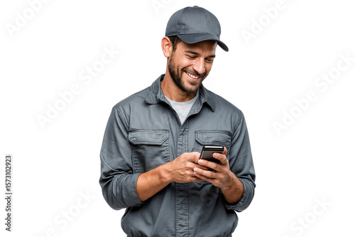 Smiling mechanic or construction worker in uniform using smartphone, texting or browsing. Isolated on white background
