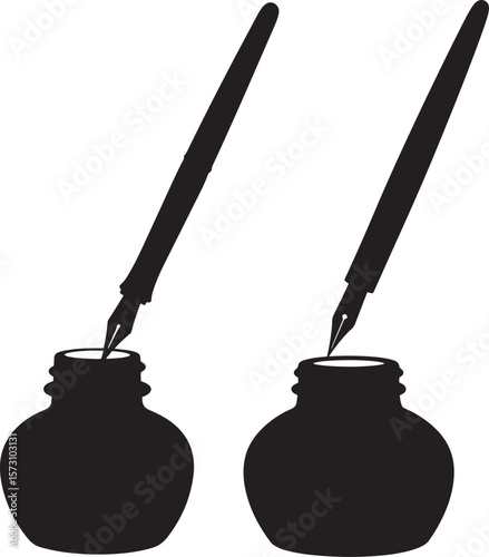Elegant silhouette of a quill pen dipping into inkwell for writing