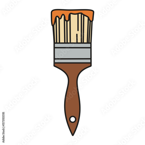 A brown handled paintbrush with orange paint dripping from its bristles, ideal for art, home improvement, creativity, and decoration themes
