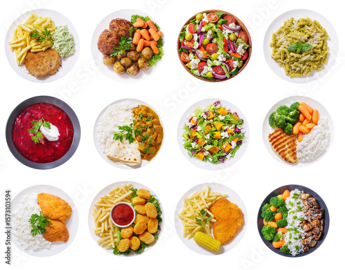 set of various plates of food isolated on transparent background, top view