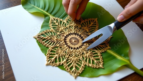 a close up moment of someone intricately working on a lace doily, likely made from a golden material.