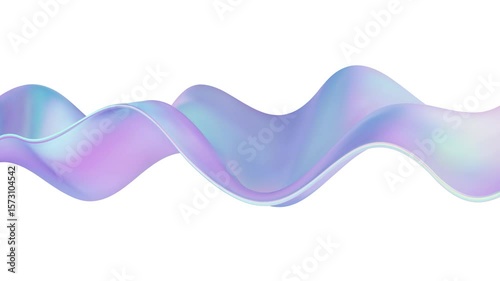 3D Iridescent wave liquid abstract background. Glass ribbon fluid shape. Blue gradient holographic elements create iridescent flow and soft texture. Smooth flowing design on white background