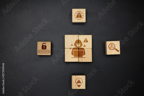 Cybersecurity Threat Icons on Wooden Blocks with Dark Background