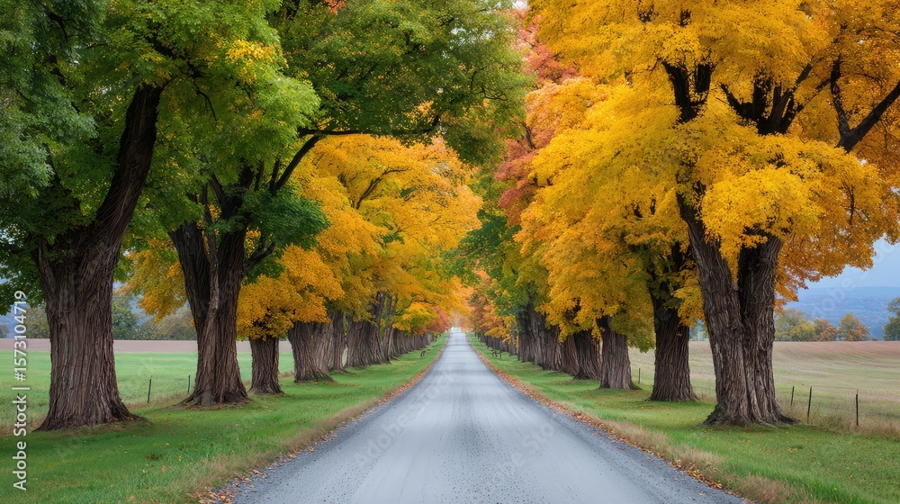 Naklejka premium Autumn tree tunnel along a country road, bright vanishing point with space above
