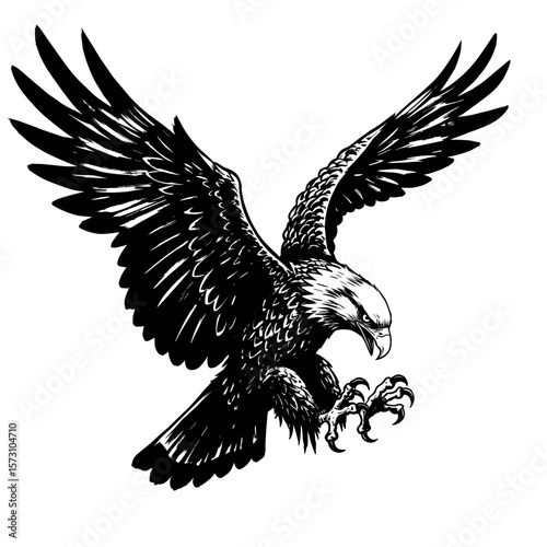 Eagle flying with outstretched wings in dynamic pose on white background in Asian style, suitable for restaurants, logo, Asian packaging, interior design and brands with focus on mindfulness 