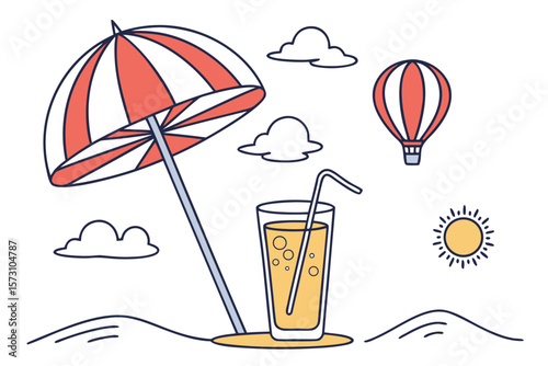 Minimalist beach umbrella and orange juice with hot air balloon summer scene