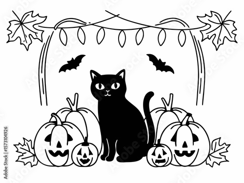 Adorable black cat surrounded by halloween pumpkins and bats on a white background