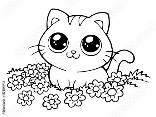 Adorable cartoon cat in a flower bed vector illustration with transparency