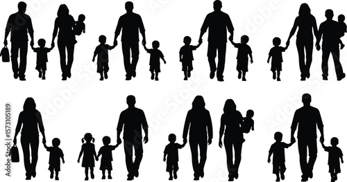 Silhouettes of parents walking with children, holding hands, family bonding, outdoor stroll, black vector figures on white background