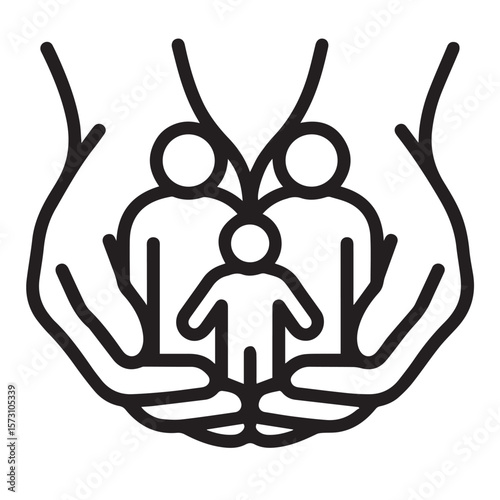 A black and white icon shows hands cradling a family, representing care, protection, and support