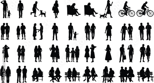 Silhouettes of people walking, biking, sitting, with kids and dogs, family activities and everyday lifestyle in urban public outdoor settings