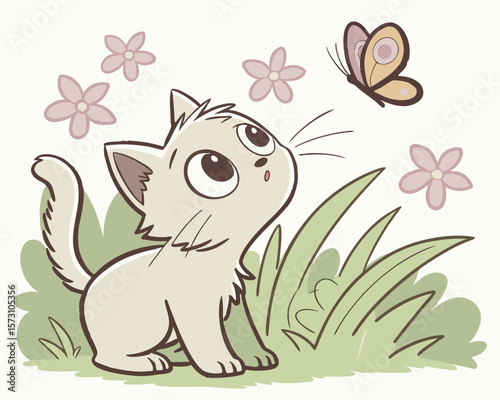 Adorable kitten gazing up at a butterfly with flowers in a charming illustration
