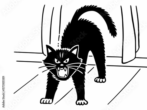 Angry black cat silhouetted, displaying aggression on a white background illustration
