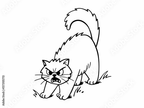 Angry cat cartoon illustration showing defensive posture with transparent background
