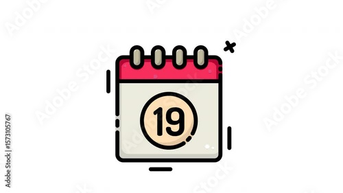 Looping animated calendar icon featuring the number 19 in a minimalist, cartoon style. Includes alpha channel for easy overlay on videos, websites, and mobile apps. Ideal for date indicators.