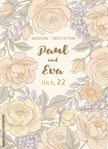 Vector vintage floral rustic greeting card, cottagecore neutral colors