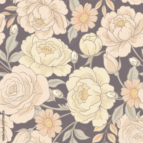 Vector vintage floral seamless pattern, cottagecore neutral colors textures
