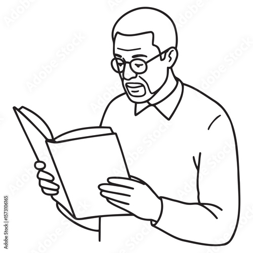 Old Black man reading a book thoughtfully in a minimalist style