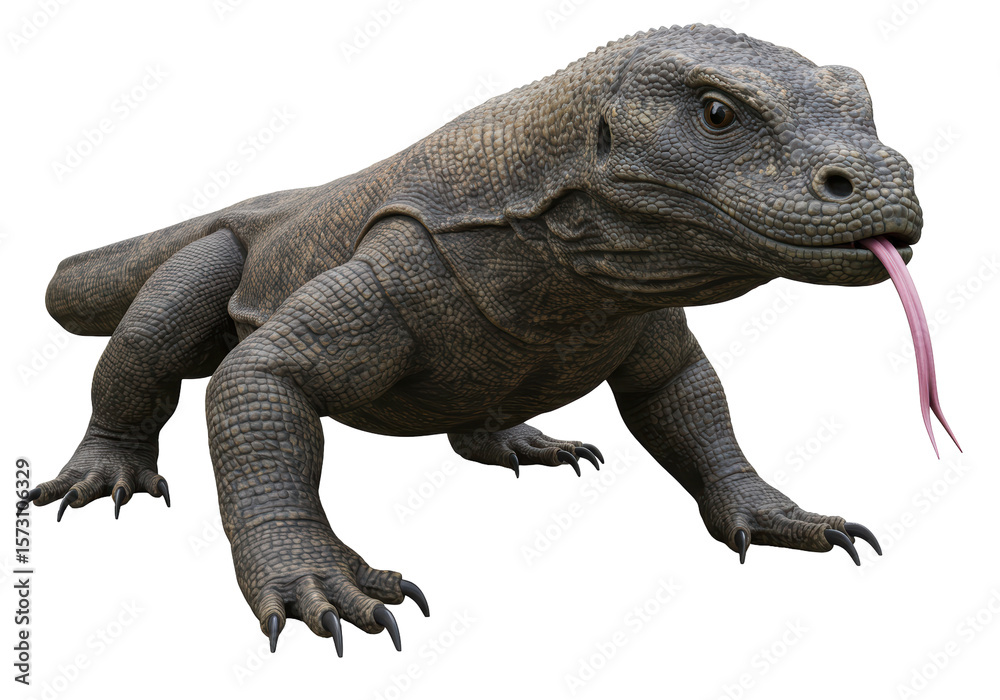 Obraz premium Isolated Detailed Komodo Dragon Walking Slowly with Tongue Out