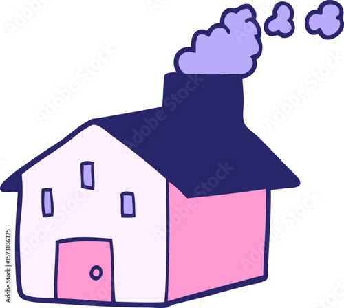 cartoon doodle house with smoking chimney in bright neon color