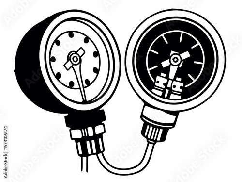 Black and white gauge pressure measuring tool vector illustration with transparency