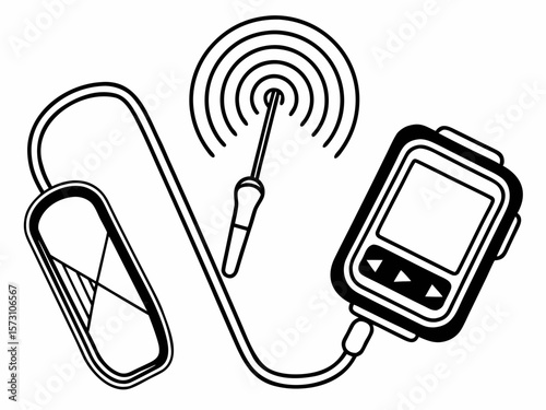 Black and white medical device illustration with integrated wireless communication system