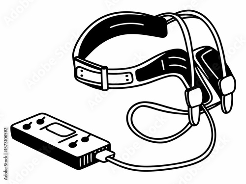 Black and white outline of a vr headset and controller design
