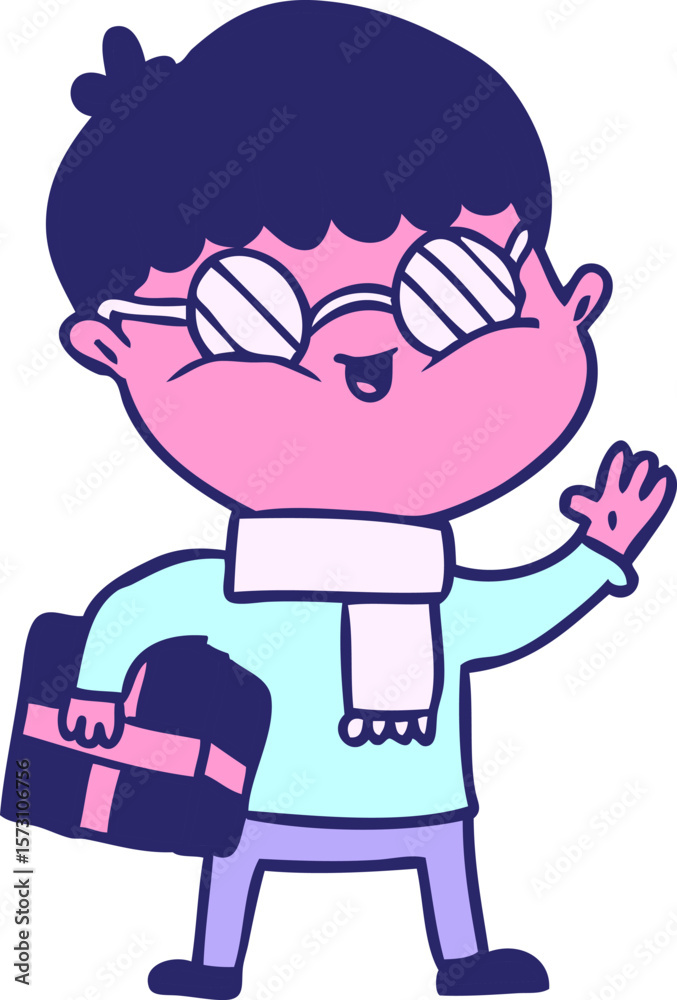 cartoon boy wearing spectacles carrying gift in bright neon color cartoon boy wearing spectacles carrying gift in bright neon color