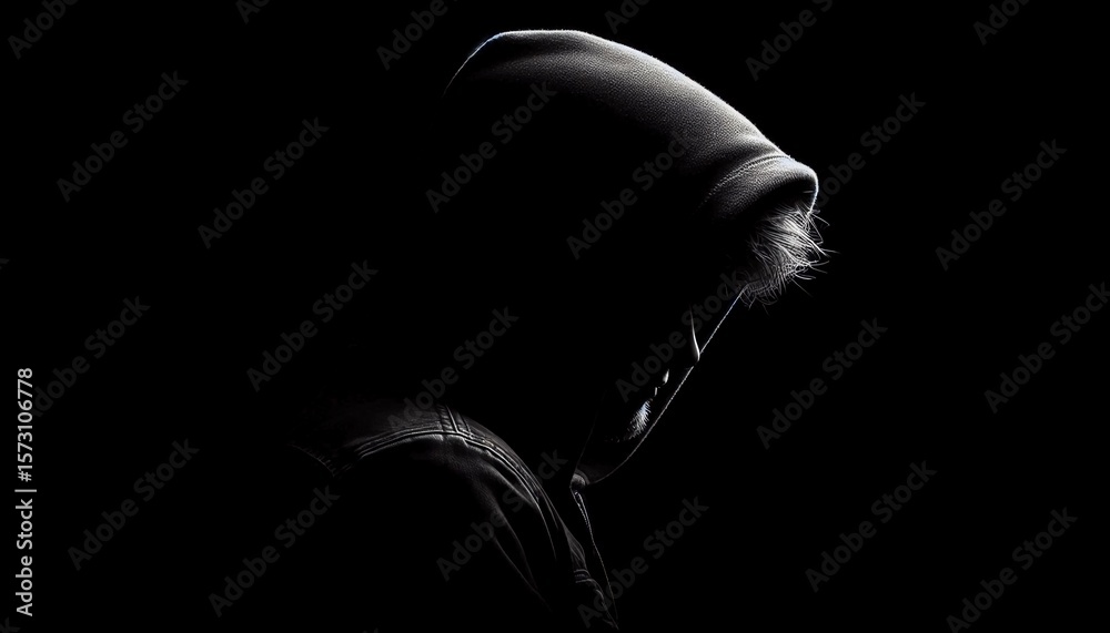 Naklejka premium silhouette in the shadows mysterious figure with hood