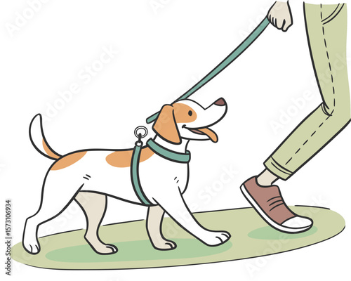 Cartoon illustration of a dog on a leash walking with its owner outdoors