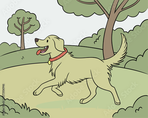 Cartoon illustration of a happy golden retriever dog running in a park setting