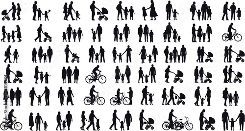 Silhouettes of parents walking with children, biking, and using strollers, family outdoor activities, vector illustration, isolated on white background