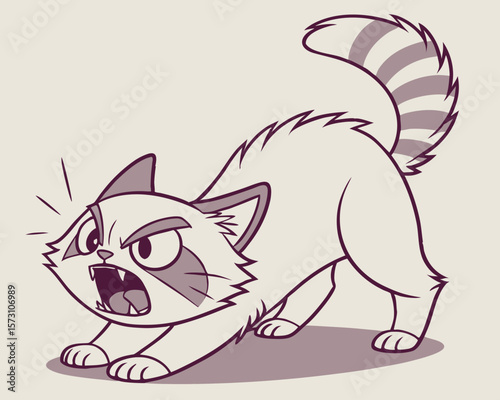 Cartoon illustration of an angry cat with fangs and a striped tail ready to attack