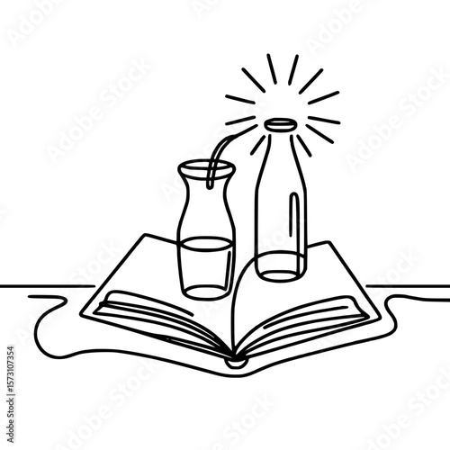 Milk bottles and glass on open book in single line outline vector style  