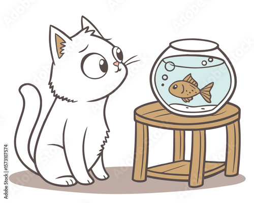 Curious kitten gazing at a goldfish swimming in a glass fish bowl