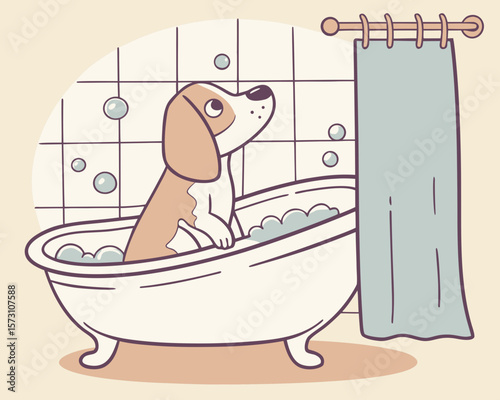 Cute beagle dog enjoying a bubble bath in a vintage tub with a shower curtain