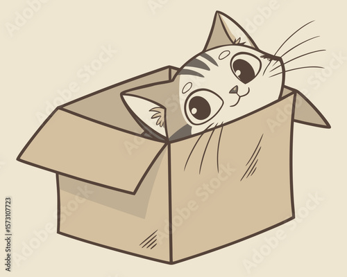 Cute cartoon cat peeking out from a cardboard box illustration