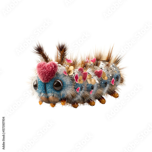 Adorable Fuzzy Caterpillar with Hearts and Flowers - 3D Render