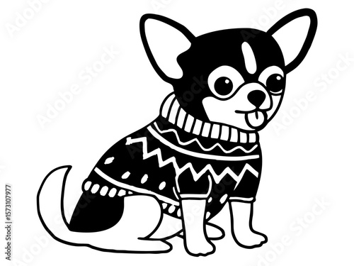Cute cartoon chihuahua dog wearing sweater sitting with tongue out vector illustration