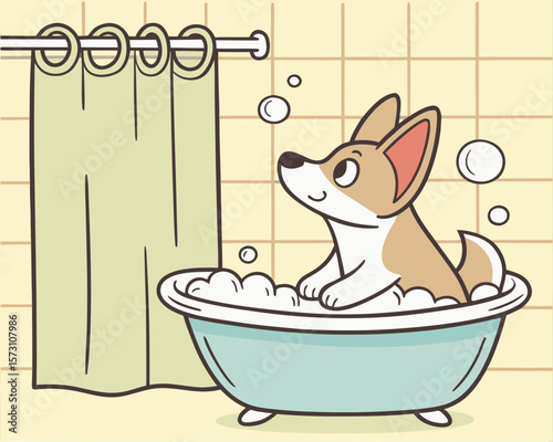 Cute cartoon dog enjoying a bubble bath in a pastel colored bathroom setting.