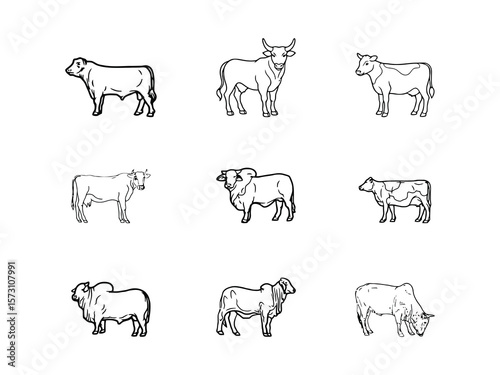 Cow Ouline Silhouette icon Set Collection Cow Scene Black Silhouette Bundle