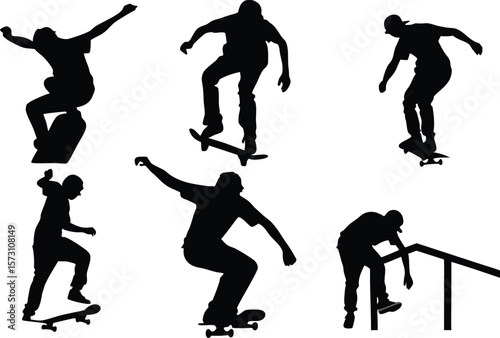 Six Silhouettes of Skateboarders Performing Tricks