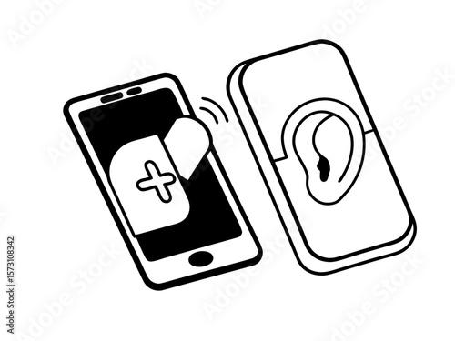 Digital healthcare concept: smartphone and ear device communication illustration