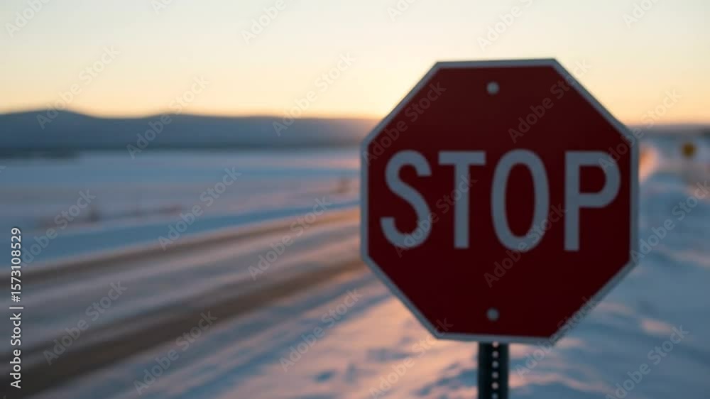 Sunset winter landscape with a stop sign and vehicle passing by on snowy road