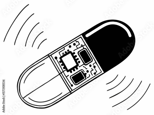 Futuristic pill with circuit board concept for medical technology and healthcare