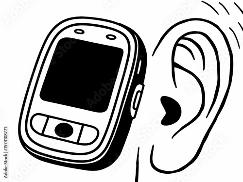 Hand drawn illustration of a cellphone with an ear depicting communication and listening