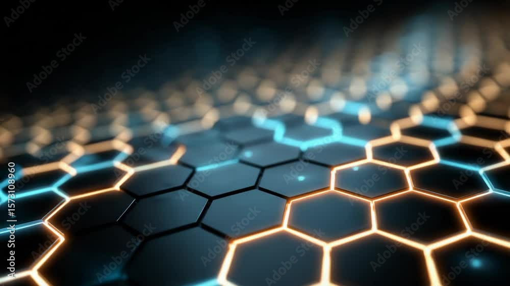 hexagonal pattern metallic wall with blue gold neon light, digital futuristic theme abstract background geometric neon light glowing on dark background